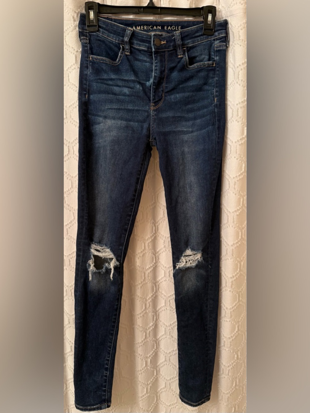 American Eagle Outfitters Dark Indigo Ripped Skinny Jeans - super high-rise
